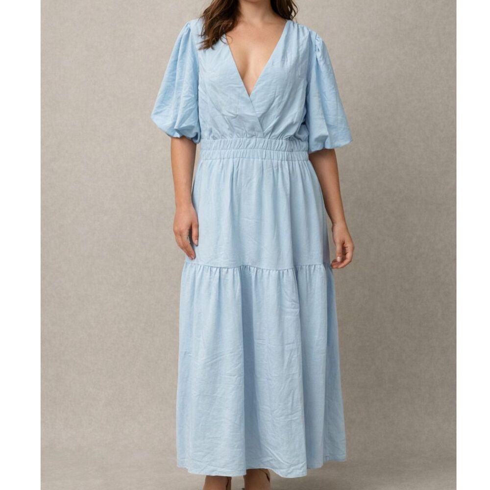 Blue Prairie Maxi Dress Puff Sleeve Tiered Cottagecore Boho XL